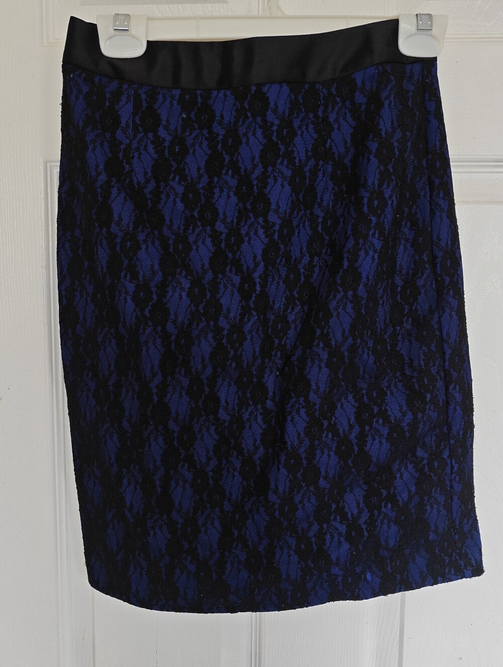 Jacob Black Lace Overlay Pencil Skirt with Royal Blue Underlay, Size 0